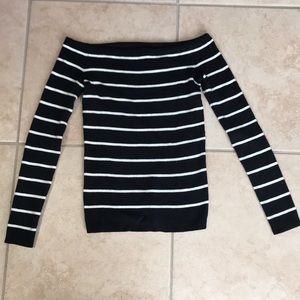 Off the shoulder black and white striped sweater